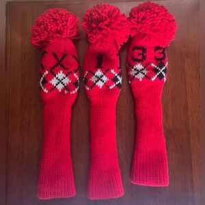 Vintage Red Knit Head Covers. 1, 3,X with Pom Pom - Set of 3